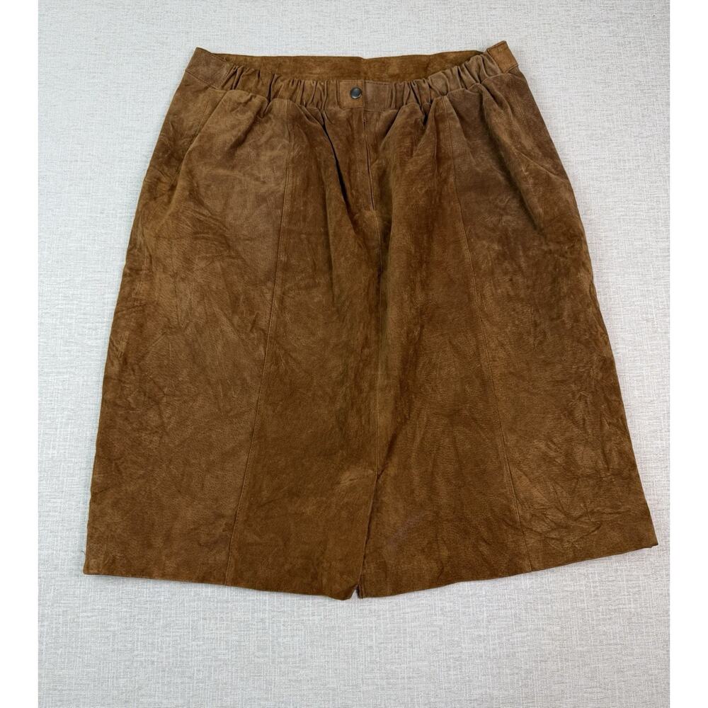 Vintage Man’s Women’s Size 18 Genuine Leather Suede Skirt Brown Midi Lined - Picture 2 of 7